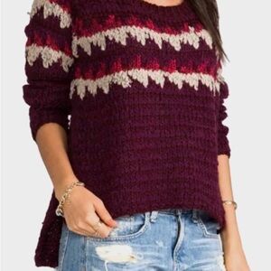 Free People Women's Fair Isle Crew Neck Oversized Pullover Berry Combo Size L